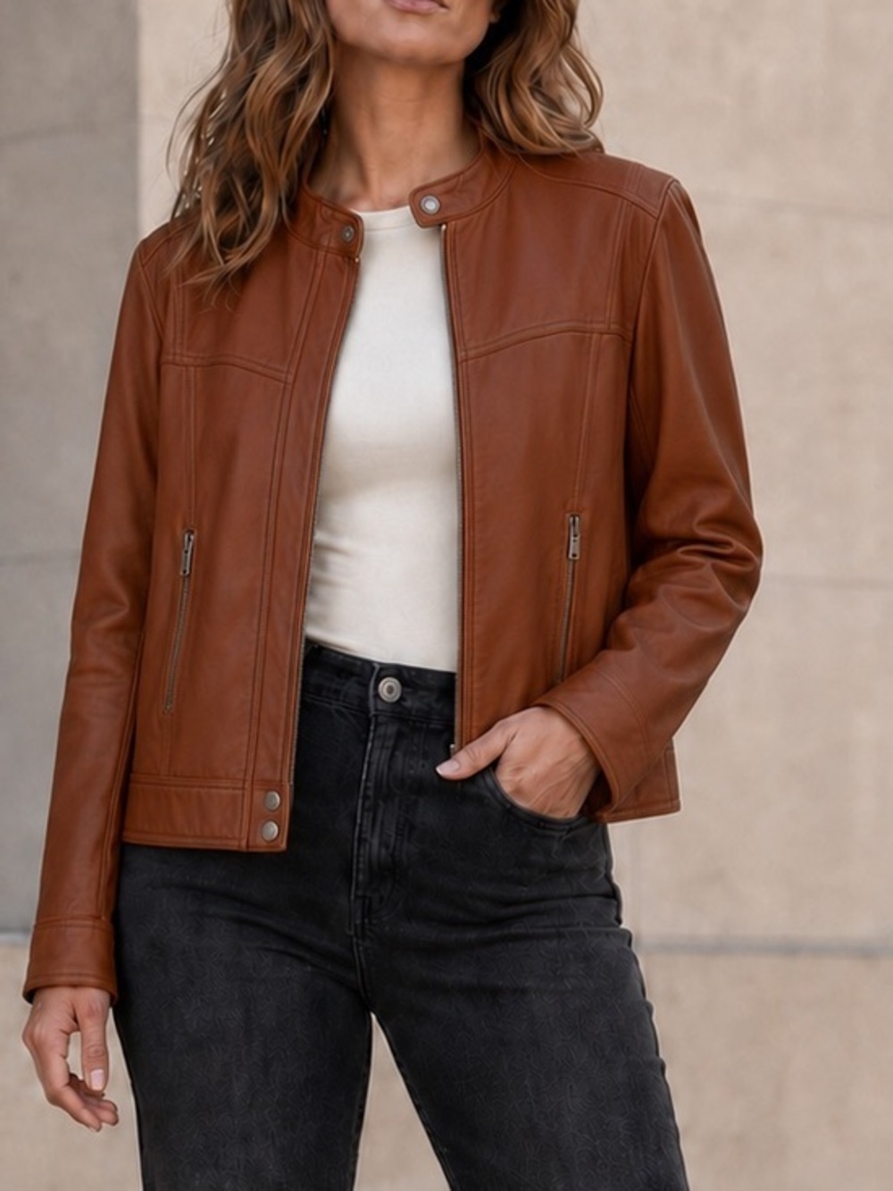 Soft Brown Vegan Leather Motto Bomber Jacket